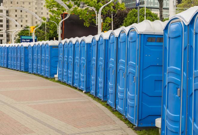 portable restrooms lined up at a marathon, ensuring runners can take a much-needed bathroom break in Franklin